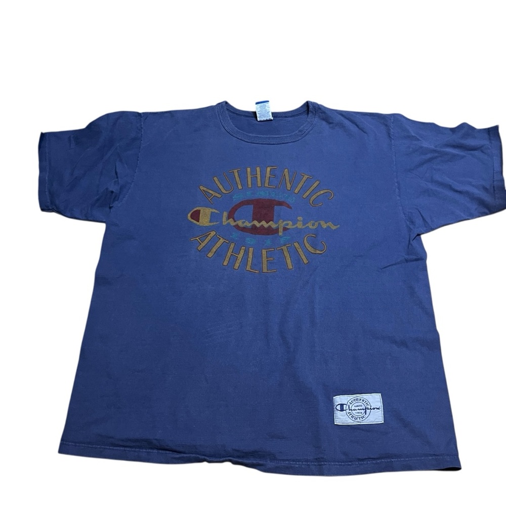 Vintage 90s Champion Men’s Authentic Athletic Blue Big Logo T-Shirt USA Size XL